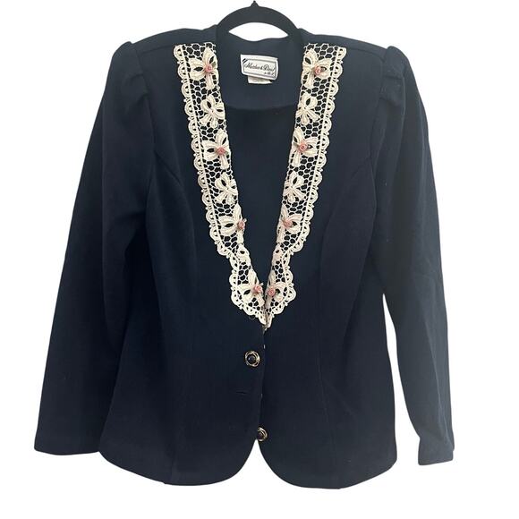 Vintage Sweaters - Vintage Navy Lace Flowers Sweater Blazer GrannyCore Made USA-Size 10